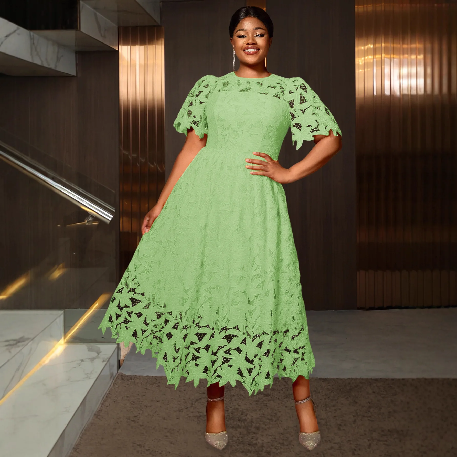 

L-4XL Plus Size African Dresses for Women Elegant Africa Short Sleeve Lace Polyester Party Evening Dress Dashiki Africa Clothing