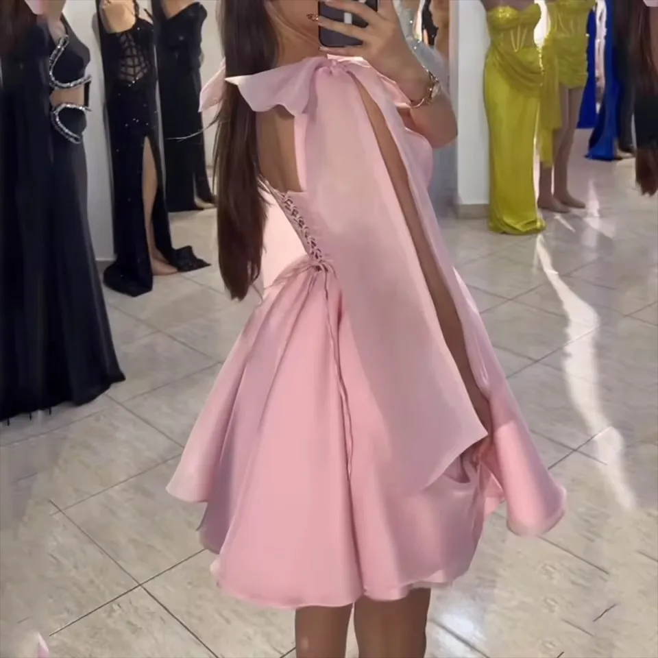 Customized Above Length Bow Pink Short Homecoming Dress Off Shoulder Girls Party Dress Vestidos De Gala Wedding Cocktail Dress