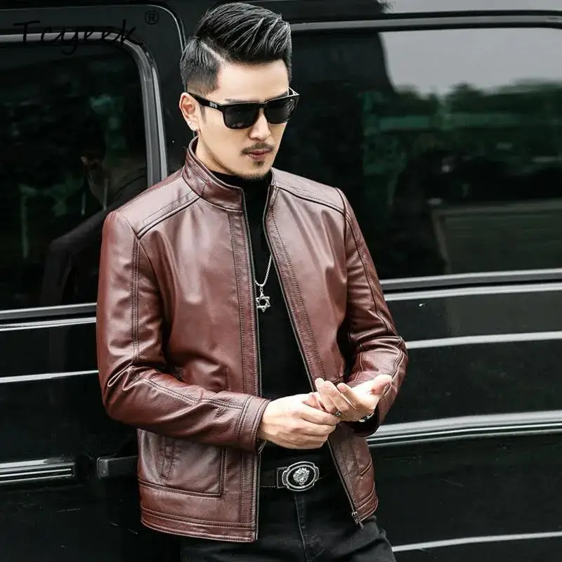 Tcyeek الطبقة العليا جلد البقر ربيع الخريف النسخة الكورية من الوقوف طوق قصيرة الرجال سترة جلدية حقيقية Jaquetas Masculino