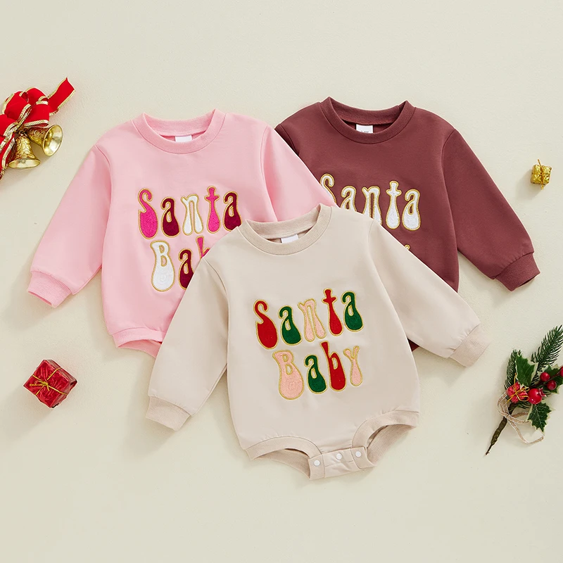 2024-07-25 Lioraitiin Baby Christmas Jumpsuit Letter Embroidered Round Neck Long Sleeve Sweatshirt Romper