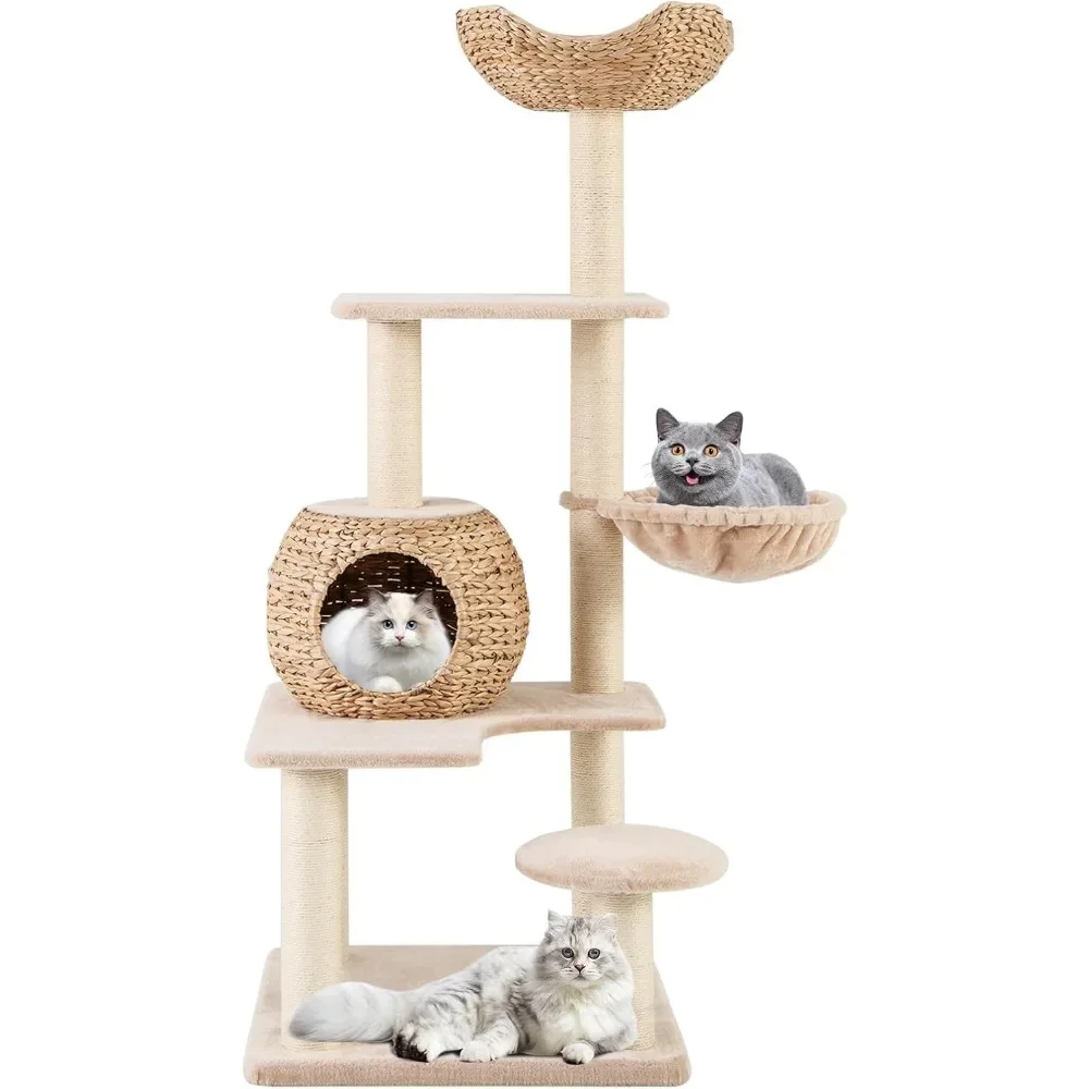 

59 inch Cattail Cats Tree Tower, Multi-Level Cat Tower with Natural Sisal Scratching Posts, Cats Condo, Cats Basket, Top Perch