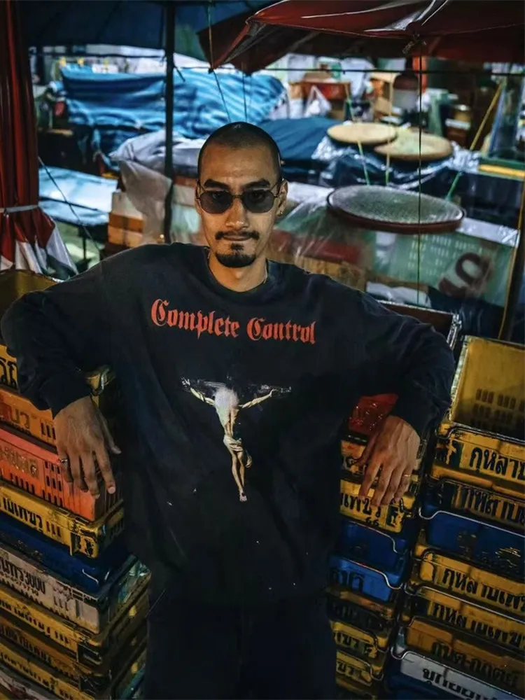 

Мужская футболка Kosuke Kawamura 25SS с длинным рукавом, винтажная, свободного кроя, из хлопка, молодежная, модная, весна-осень, с мультяшным дизайном