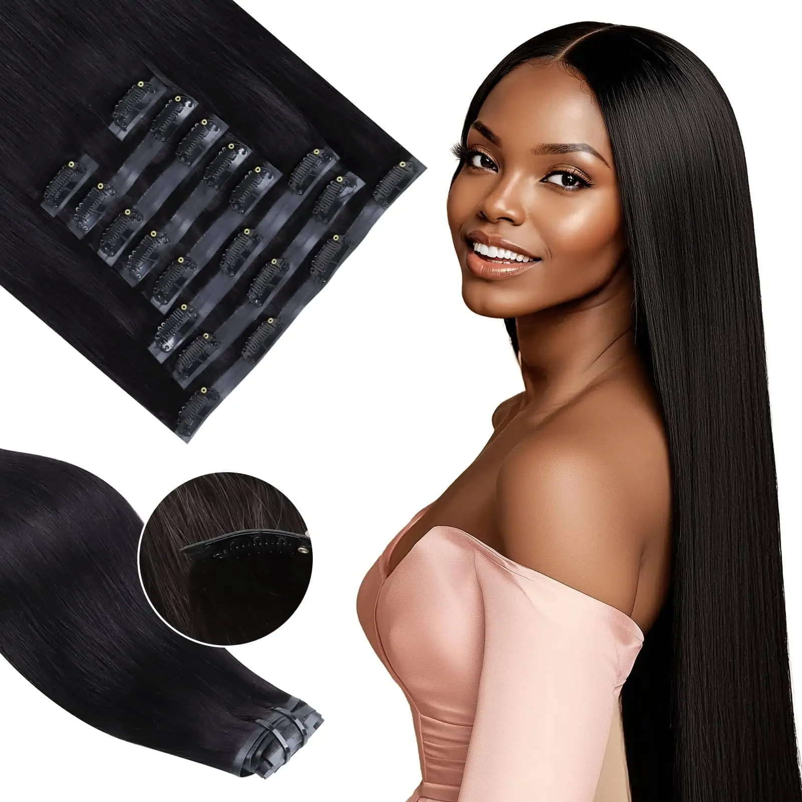 Extensiones de cabello con clip Extensiones de cabello sin costuras de cabello humano real, 9 piezas 120 g de cabello liso Negro natural # 1B 20 pulgadas