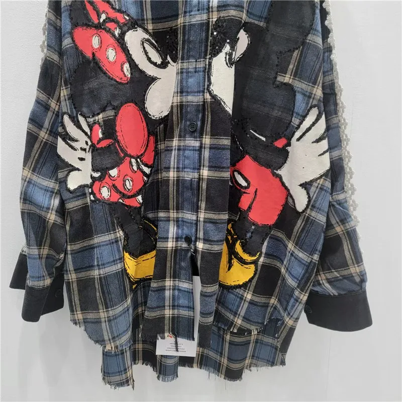2025 Autumn New Fashion Cartoon Versatile Casual Loose Oversized Long Sleeve Shirt Women's Top Trendy Plaid Shirts for Women