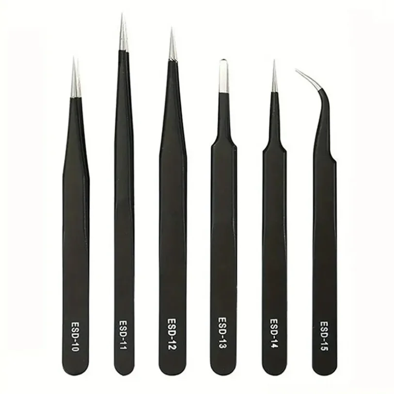 Pinzette antistatiche ESD di precisione Set 6 pezzi di strumenti durevoli in acciaio inossidabile per riparazioni elettroniche e modellismo di processi di piegatura e St