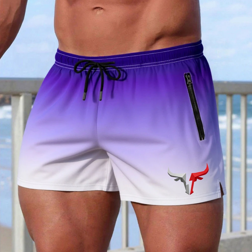

Men's Gradient Casual Beach Shorts With Geometric Bull Head Print Quick Drying Sports Shorts For Summer Running And Fitness
