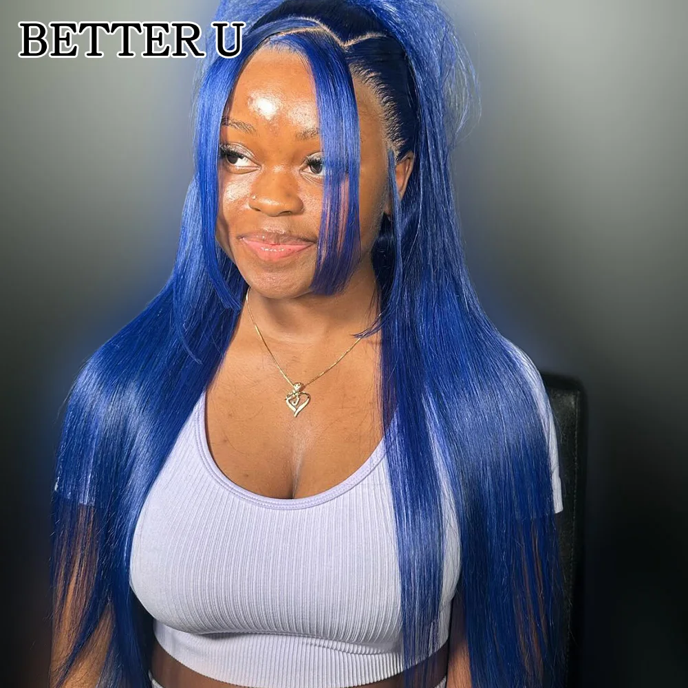

Dark Blue Human Hair Wig Straight 13x6 Transparent Lace Front Wig Pre Plucked Brazilian Hair 13x4 Lace Frontal Wig For Women