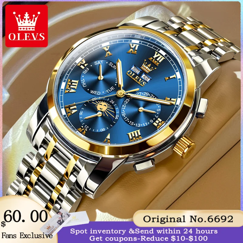 

OLEVS 6692 New Men's Watch Luxury Gold Men's Automatic Mechanical Watch Brand Lunar Phase Stainless Steel Waterproof Men's Watch