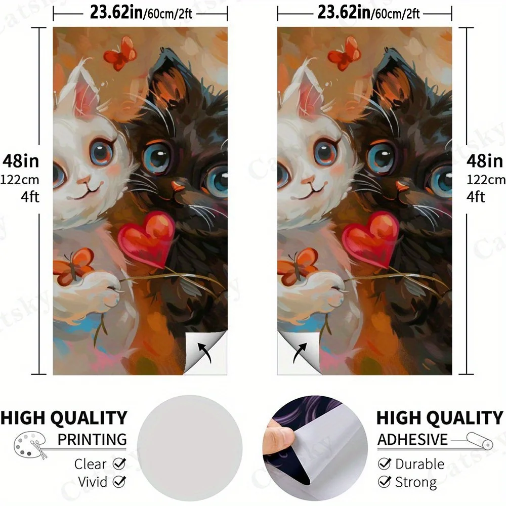 Two Cute Kittens,Romantic Cat Illustration,Colorful Pet Painting,High Value! 2D Flat Vinyl Sandboard Stickers - Bubble-Free, Eas