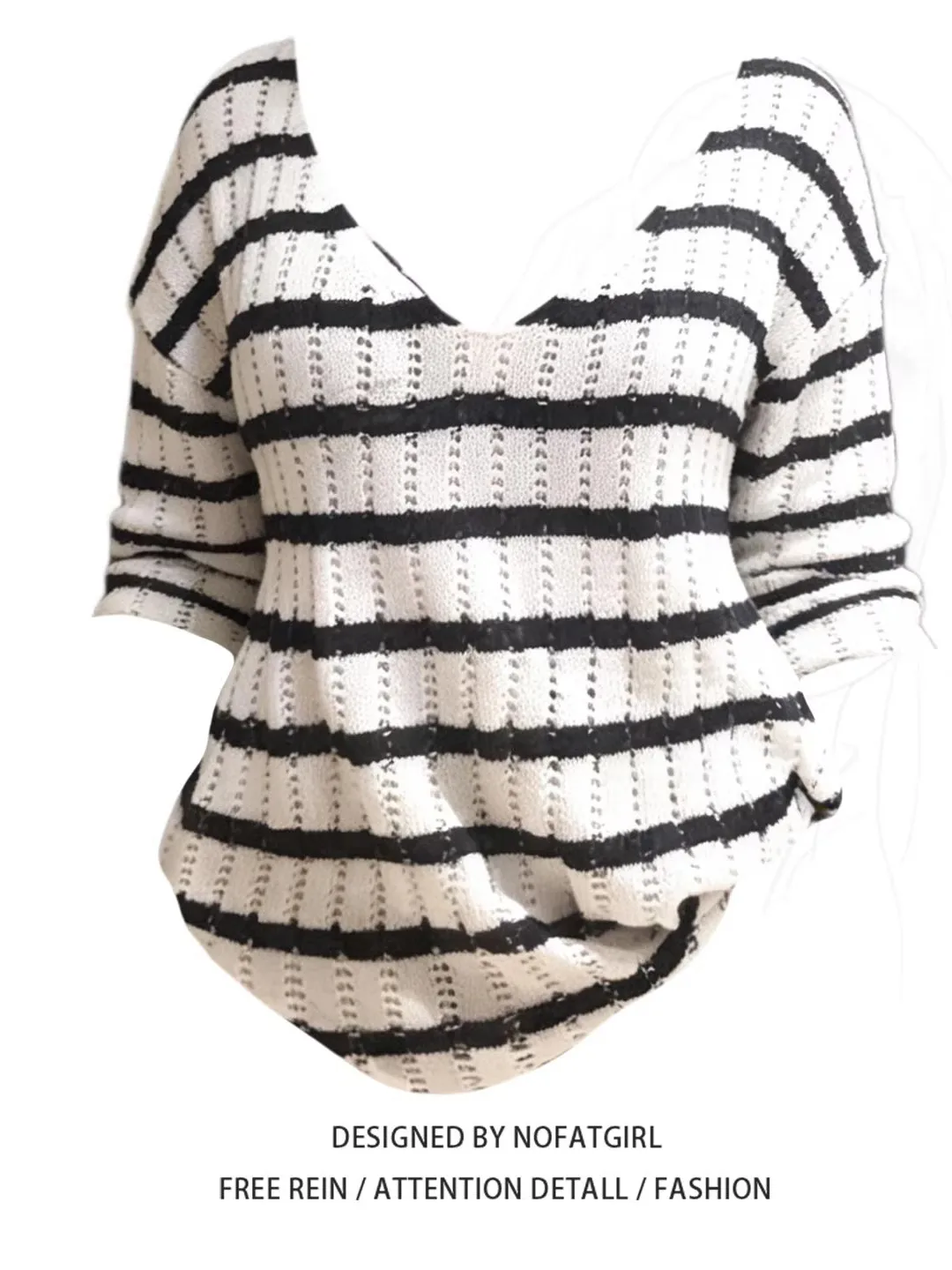 

plus Size Women's Striped Knitwear Long Sleeve Loose Sun Protection Top V-Neck Casual Wear Spring Summer New Style