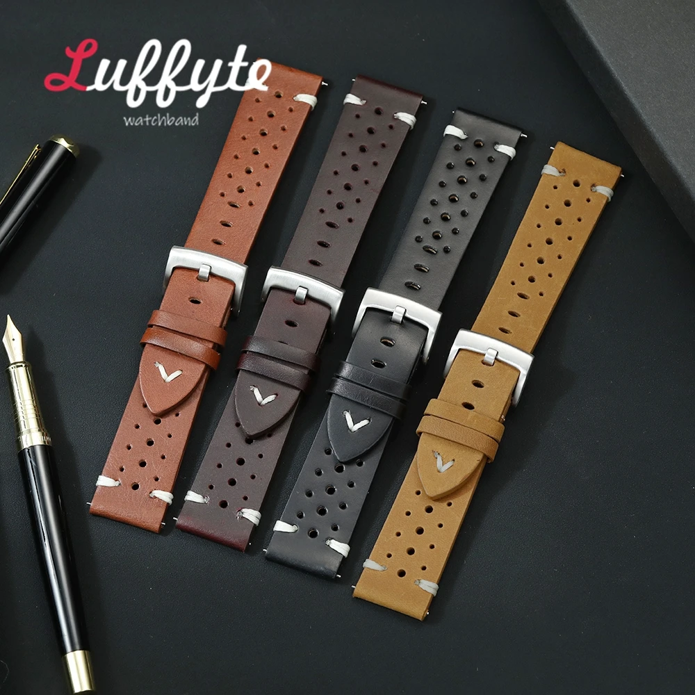 Cowhide Leather Handmade Porous Watch Strap 20mm 22mm Breathable Oil Wax Watch Band High-end Quick Release Watch Strap  ﻿