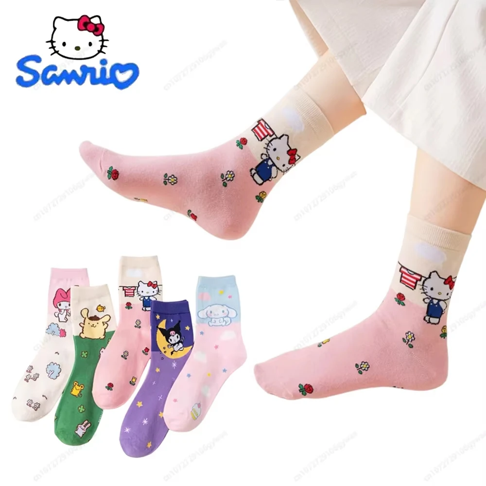 

KT Girls Socks Kuromi Cinnamoroll Socks Kawaii Sanrio Melody Cartoon Cotton Home Breathable Warm Sock Women Sock