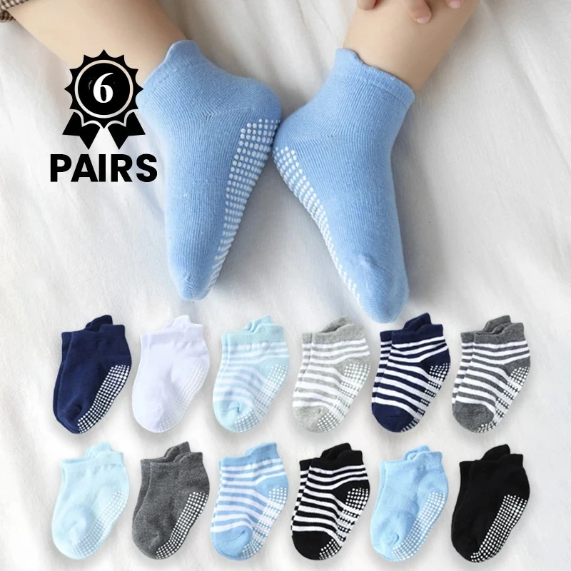 6 Paar rutschfeste Kindersocken mit Kleberückseite, Jungen-Alltagssocken zum Laufenlernen, mit Streifenmuster