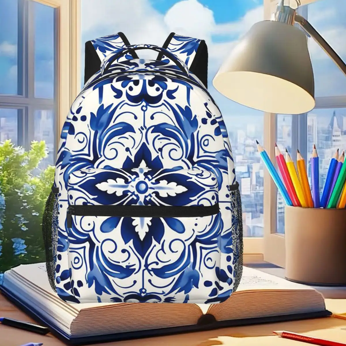 Blue Azulejo Tile Floral Backpack Student Boys Girls BookBag Kids School Bag Computer Shoulder Bags for Men Women
