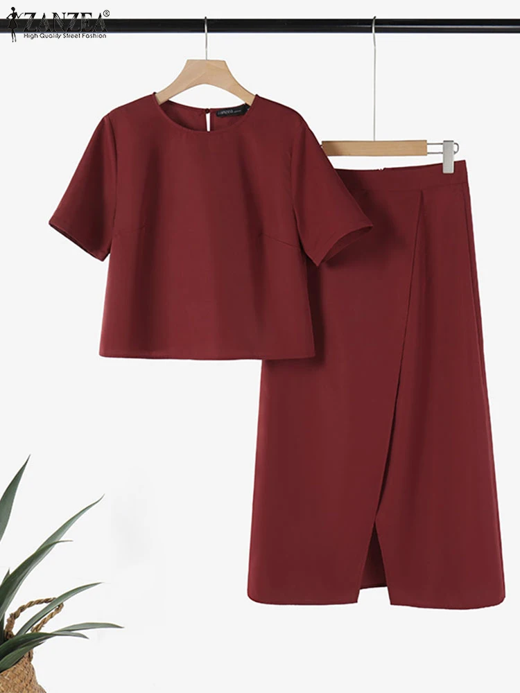 

ZANZEA Women 2pcs Dress Sets Casual Solid Matching Sets Vintage Short Sleeve Short Tops Outfits Holiday Fishtail Skirt Suits
