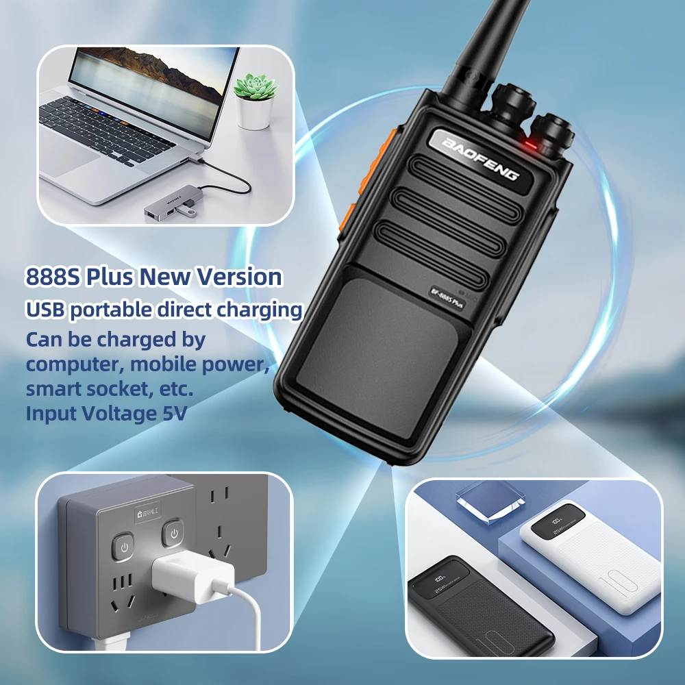 2 uds Baofeng BF-888S PLUS walkie-talkies BF 888s convertidor de carga USB transceptor de larga distancia 400-470MHz 16 canales 3-5km