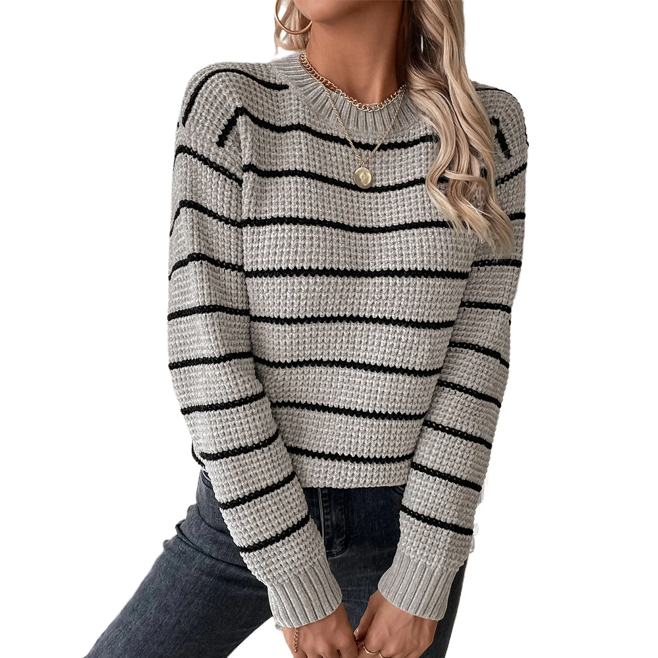 

Foreign trade women's clothing 2024 autumn and new casual knitted sweater European and American chenille striped sweater women