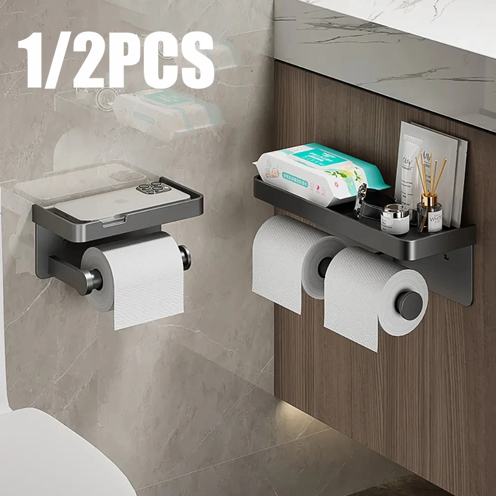 

Toilet Paper Holder Bathroom Storage Paper Towel Holder Wall-Mounted Organizer With Storage Tray Phone Stand Toilet Accessories