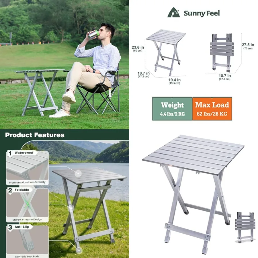 

Folding Camping Table - Lightweight Aluminum Portable Picnic Table, 18.5x18.5x24.5 Inch for Cooking, Beach, Hiking, Travel, Fis