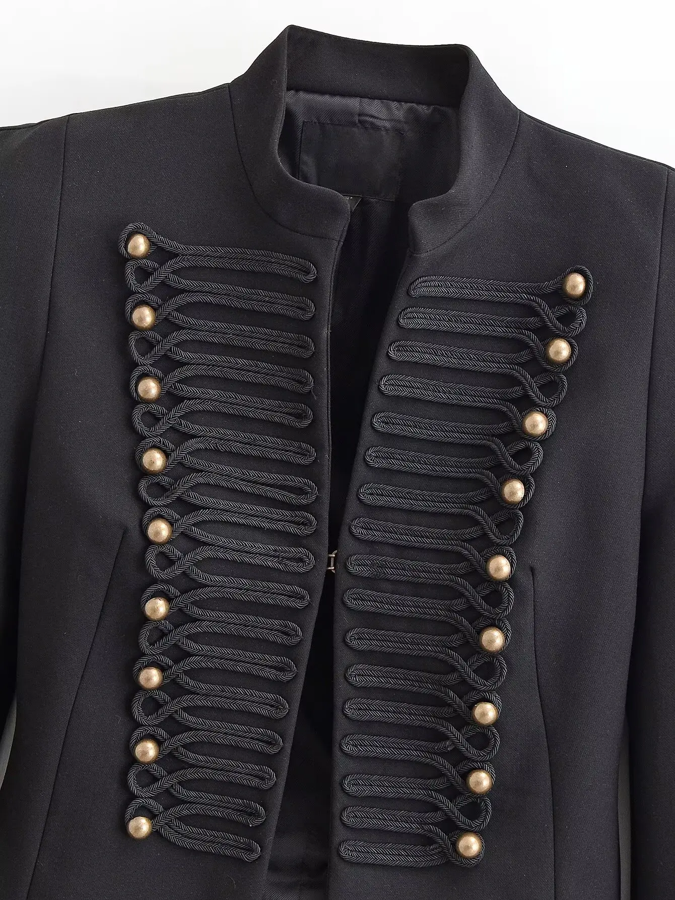 HH Damen Vintage Napoleon-Jacke Stehkragen Doppelreihig Schmal Geschnitten Schwarze Kurze Oberbekleidung Herbst Formelle Bürokleidung – Detail 4