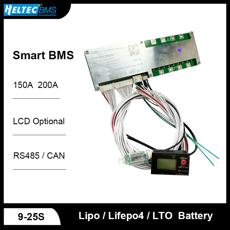 Heltec-Smart BMS 9S, LiFePo4, BMS 16S, 20S, 150A, 200A, Li-íon, LTO, BMS, APP de Bluetooth do equilíbrio, LCD RS485