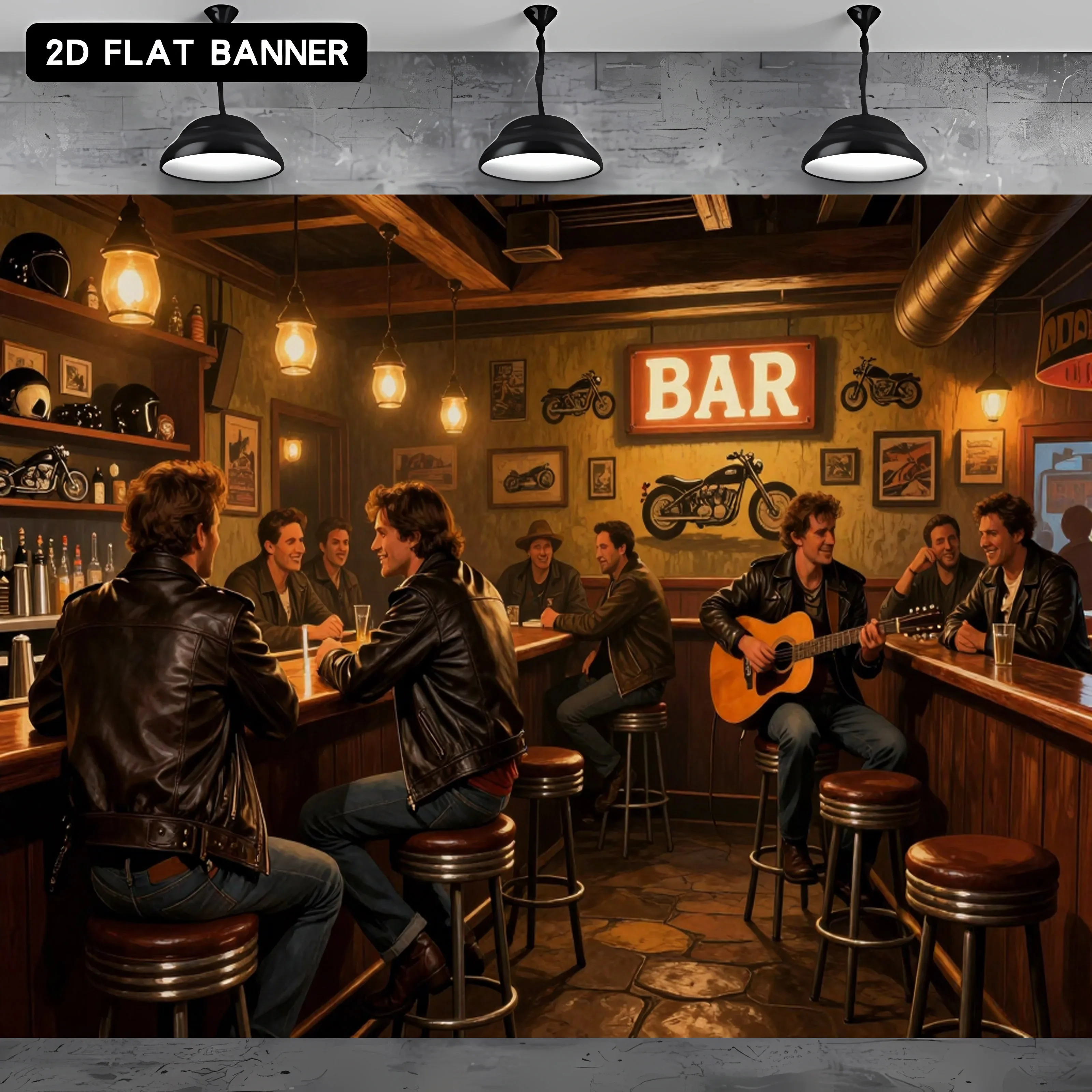 Un banner plano en 2D, que sirve de fondo para la escena del bar, muestra una escena con temática de motocicletas y amigos conversando.