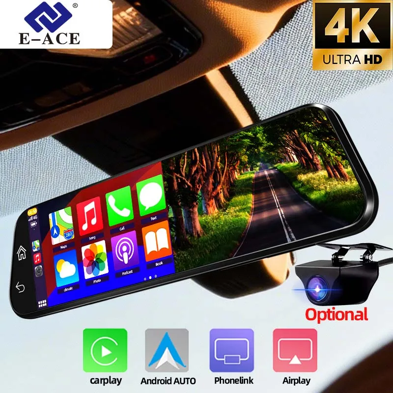 Cámara para Auto de 9.66 Pulgadas, 4K 3840*2160P, DVR para Auto, Carplay, Android Auto, GPS, WIFI, AUX, BT, FM, Grabador de Conducción con Espejo Retrovisor de 1080P Opcional