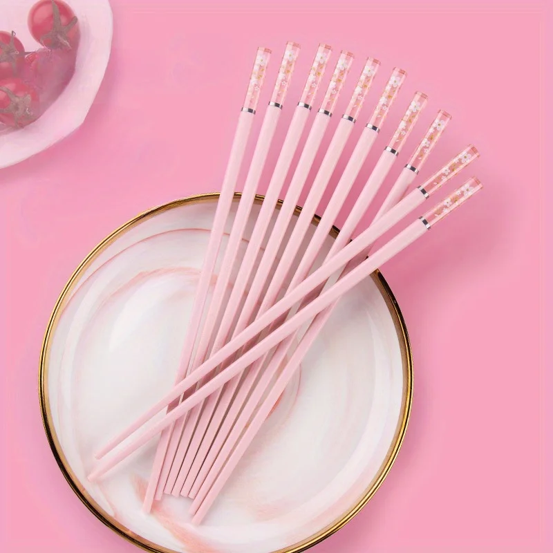 Palillos de Aleación Rosa con Cerezo y Ámbar, Reutilizables para Comer en Casa, Vajilla de Estilo Chino y Coreano, Palillos para Sushi, Palillos para Ramen