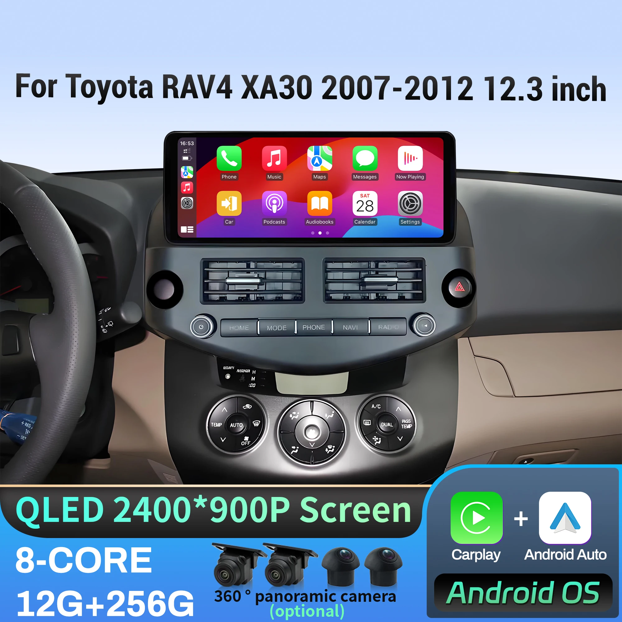 

12,3-дюймовый 4G для Toyota RAV4 XA30 2007-2012 Android 14, автомобильный радиоприемник, беспроводной Bluetooth Carplay, мультимедийный головное устройство, сенсорный экран