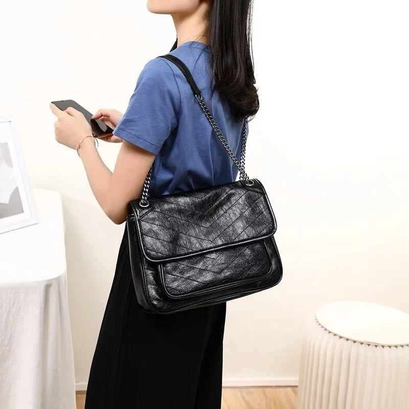 New Brand Second Cow leather Bags Black Purses Luxury Women Trendy Shoulder Bag Fashion Chains High Quality#6123183043