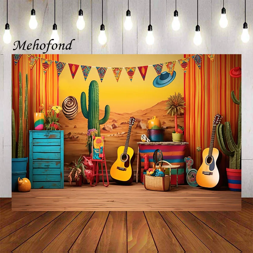 Mehofond Photography Background Mexican Western Desert Saguaro Cactus Guitar Kid Birthday Party Decoration Backdrop Photo Studio