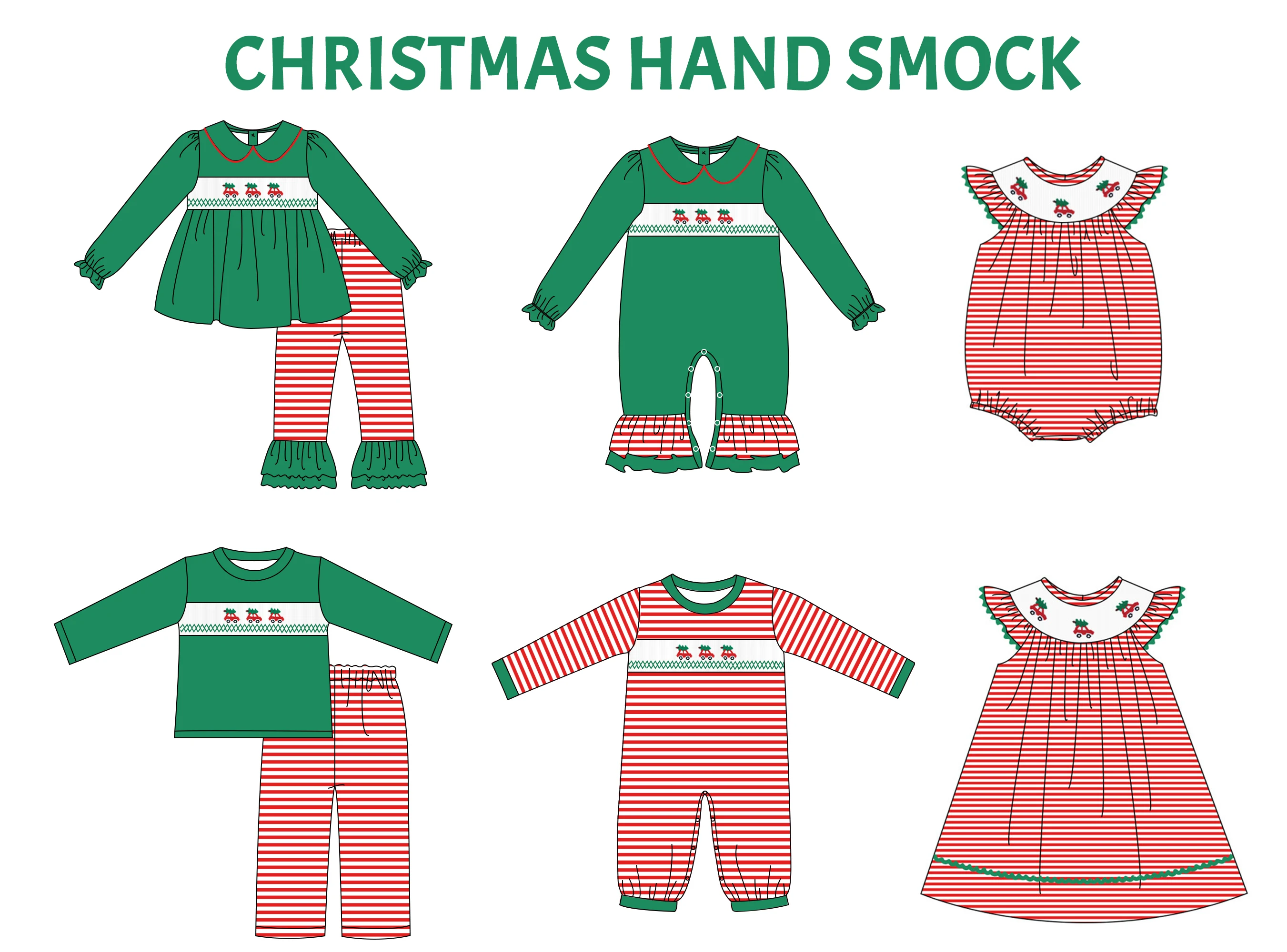 Boutique Baby Girls Clothes Hand Smock Kids Set New Style Christmas Boy Green Car Pattern Dress Red Stripe Outfits Babi Girls