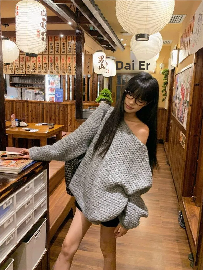 Extra großer Vintage Slant Oulder Long Sve Pullover Jaet Damen Herbst Plus Größe 2300Pou Schlankheitsstrick irt