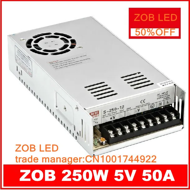 

Импульсный блок питания для светодиодов 250W S250W-5V-50A, 5В 50А, вход 85-265В переменного тока, для светодиодных лент, выход 5В - 2 шт./лот