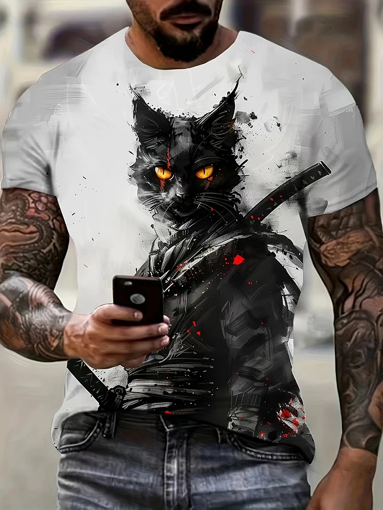 Orientalischen Stil 3D Japanische Samurai Katze Druck Sport Quick-dry Atmungsaktive Männer T-shirt Outdoor Straße Anime Harajuku Kurzarm