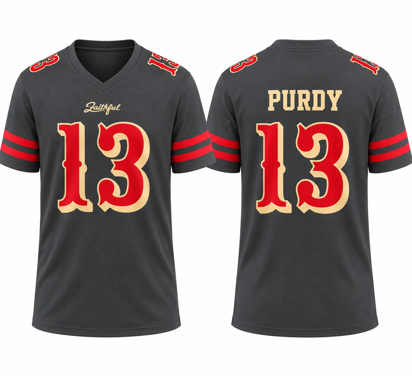 Herren # 13 Purdy Football-Trikot, schwarz, V-Ausschnitt, kurze Ärmel, Rugby-Uniform, rot-goldener Zahlenaufdruck, Sport-Fan-Shirt für den Spieltag – Detail 3