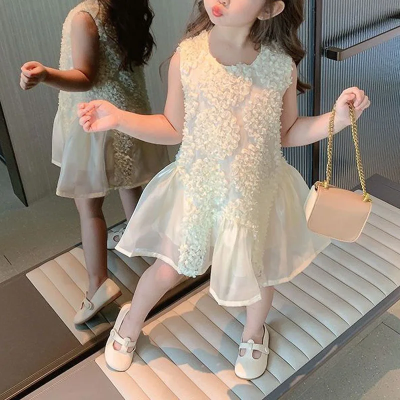 

Summer New Girls Crew Neck Solid Color Floral Spliced Gauze Slim Sleeveless Fashion Sweet Casual Comfortable Princess Dress