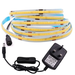 12V COB LED Strip com Switch Power Kit, Fita de Iluminação Linear de Alta Densidade, EUA, UE, Reino Unido, AU Plug, Fita Leve Flexível, Ra90, 320 Leds, Novo