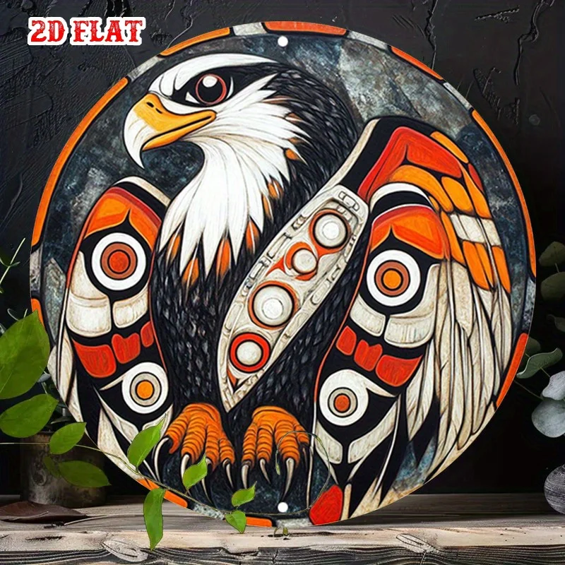 Letrero de estaño de Metal de aluminio de águila, plano 2D, 1 unidad, letrero de aluminio redondo de pico, cenador de 7,87x7,87 ", letrero de aluminio redondo, Metal rústico de plumas