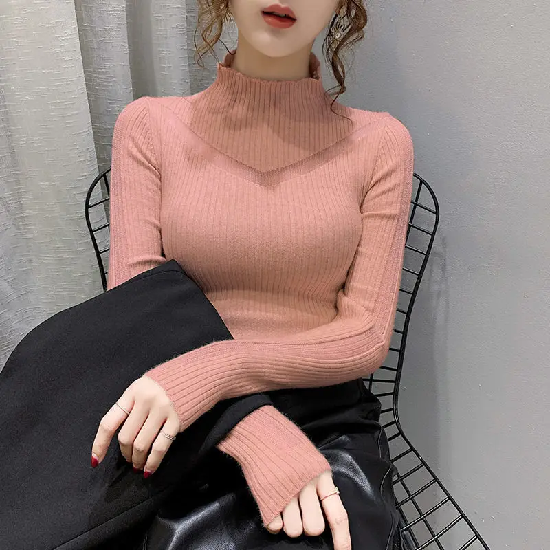 Women Autumn Winter Fashion Patchwork Lace Solid Color Mock Neck Long Sleeve Knitting Bottoming Shirt Ladies All-match Knitwear