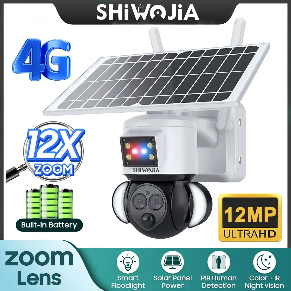 

12MP Solar Powered Camera 4G SIM 12X ZOOM Outdoor 360° 21700mAh Battery 8W Solar Panel Auto Tracking CCTV Surveillance Cameras