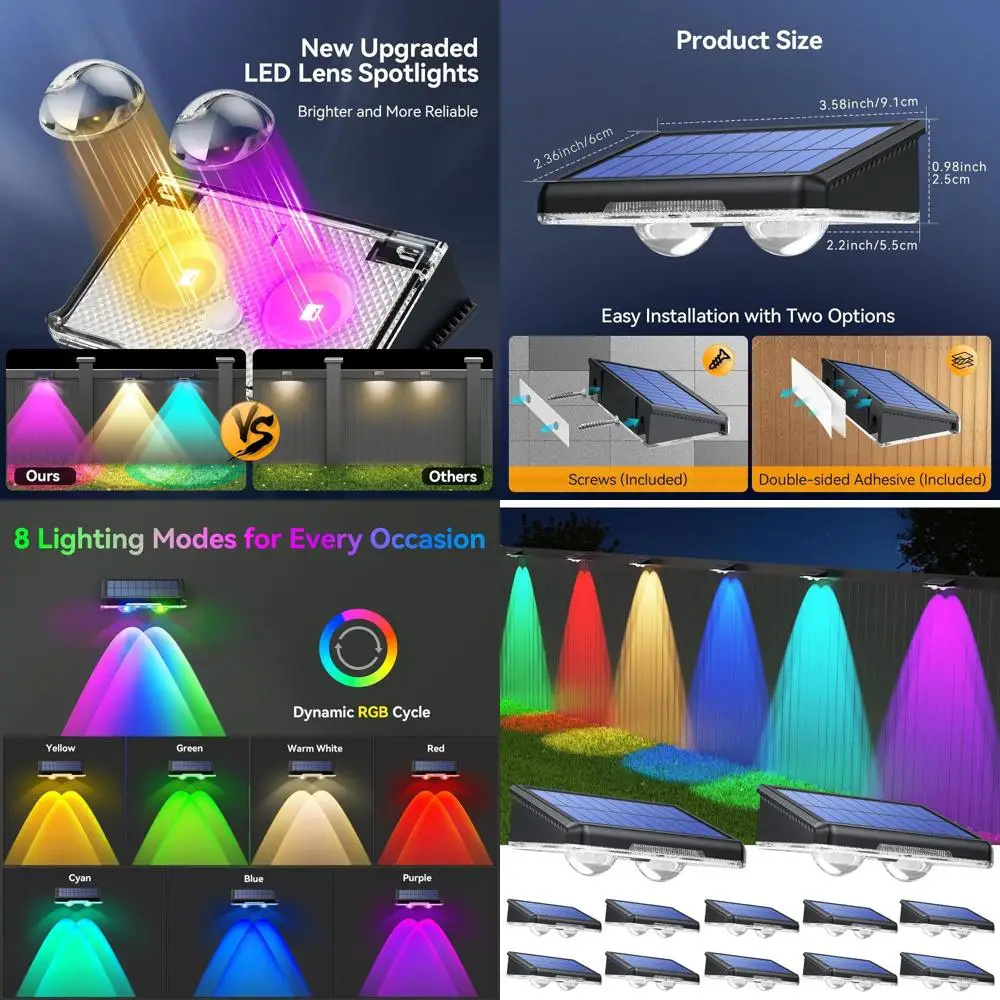 

12-Piece Solar Fence Lights, Multicolor RGB, Warm White, IP66 Waterproof, Dusk to Dawn, Outdoor Deck Lighting for Patio, Pool, B