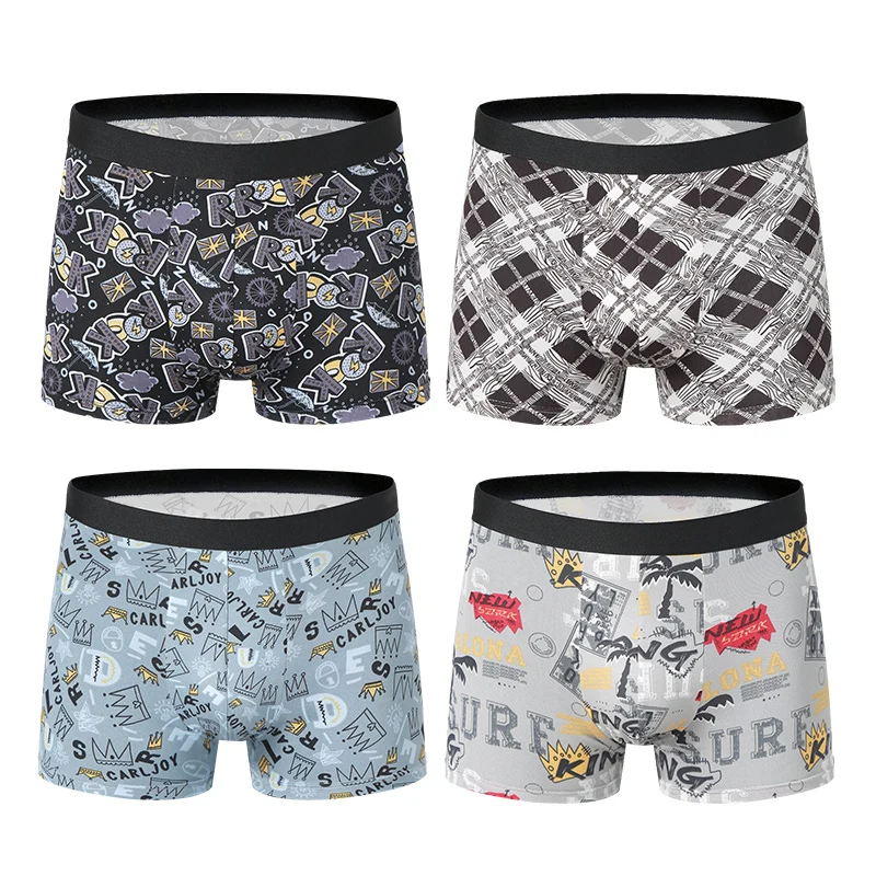 4 Pack European and American Size MEN'S FASHION Printed Boxer Underwear Comfortable Swimming Trunks Oversized Underwear Shorts