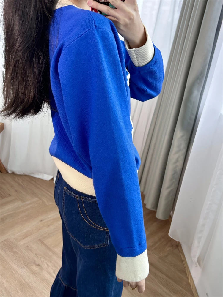 Klein Blue High end Version 2024 Spring French Dopamine Blue Contrast Small Fragrance Knitted Women\'s Cardigan Coat