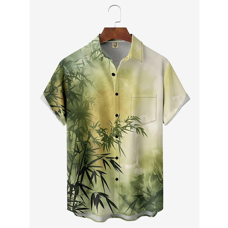 Camisa havaiana extragrande masculina, tops gráficos de plantas, blusas de lapela, roupas casuais, moda verão, estampa bambu