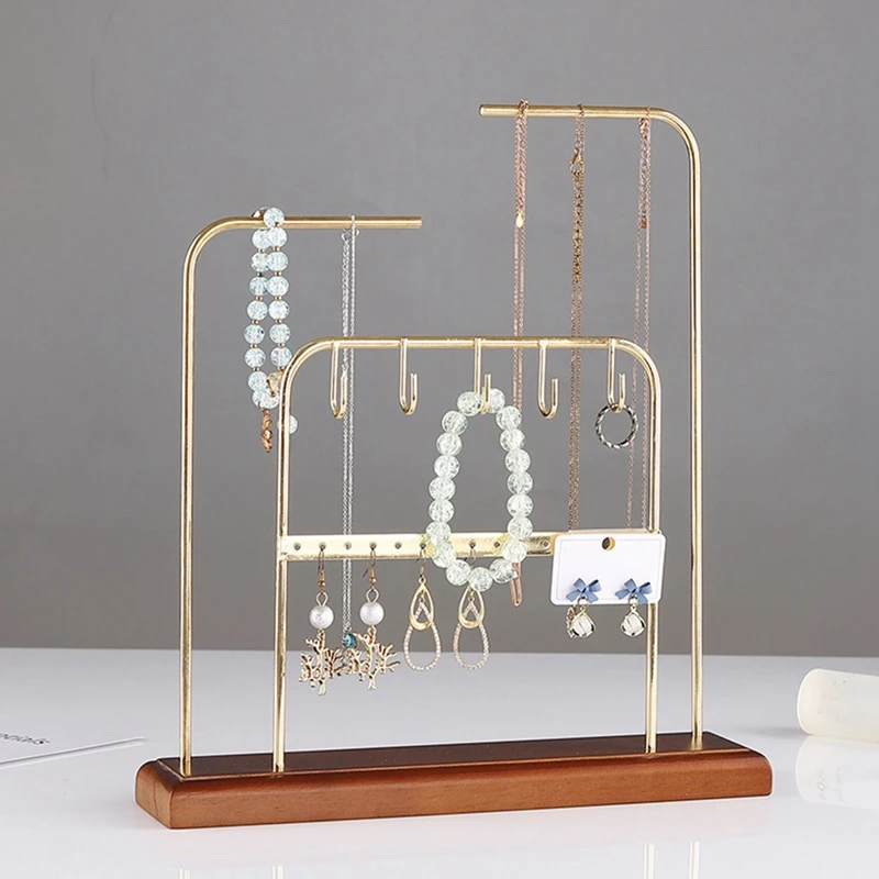 

Earring Holder Metal Earring Stands And Displays With Wooden Base, Jewelry Storage Hanging Shelf For Girl Woman