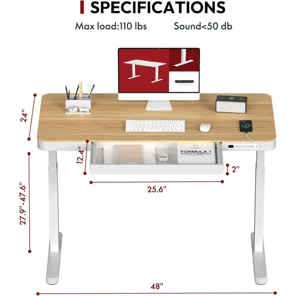 Electric Height Adjustable Home Office Desk With Storage & USB Ports Computer Desks 48 Inch Maple Wood Tabletop/White Frame Room