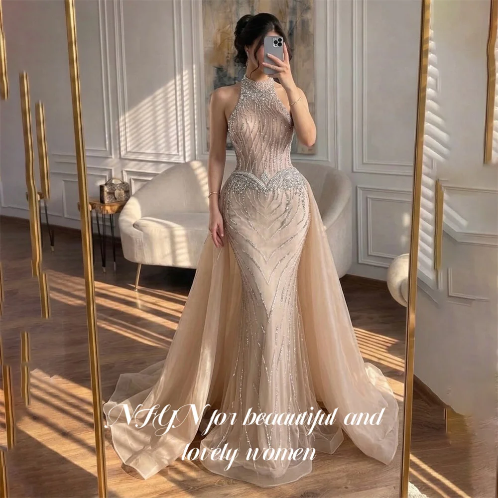 NFYN Champagne Party Dress Halter Neck Sleeveless Evening Dress Lace Up Back Crystal Party Gown Prom Gown for Women Customized