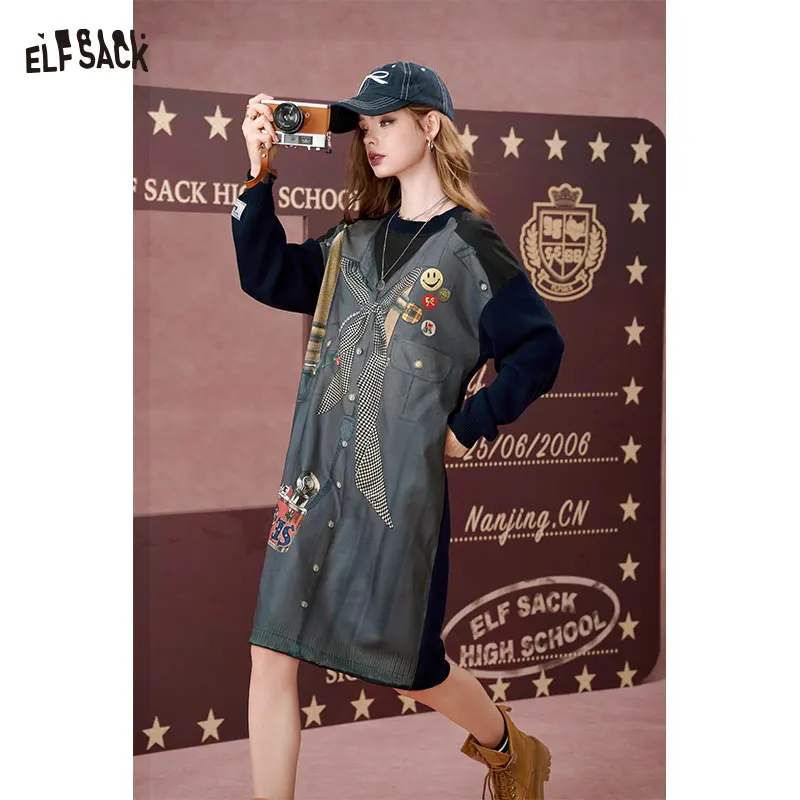 

ELFSACK 2024 Autumn New Arrivals Casual contrasting round neck hoodie dress for women