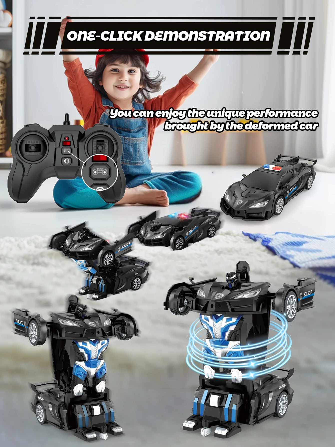 2-in-1 Remote-Controlled Police Car, One-Button Transforming Robot Toy, LED Lights, 1:18 Scale Police Vehicle, Christmas Presen